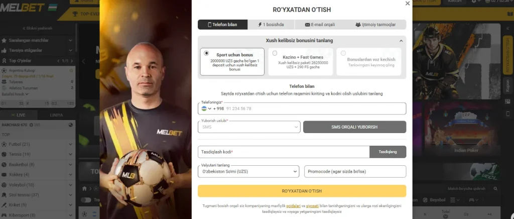 O'zbekiston uchun Melbet ro'yxatdan o'tish shakli
