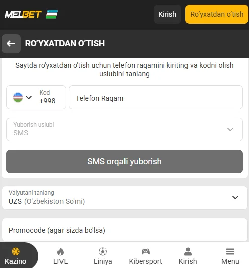Melbet UZ mobil versiyasida ro'yxatdan o'tish