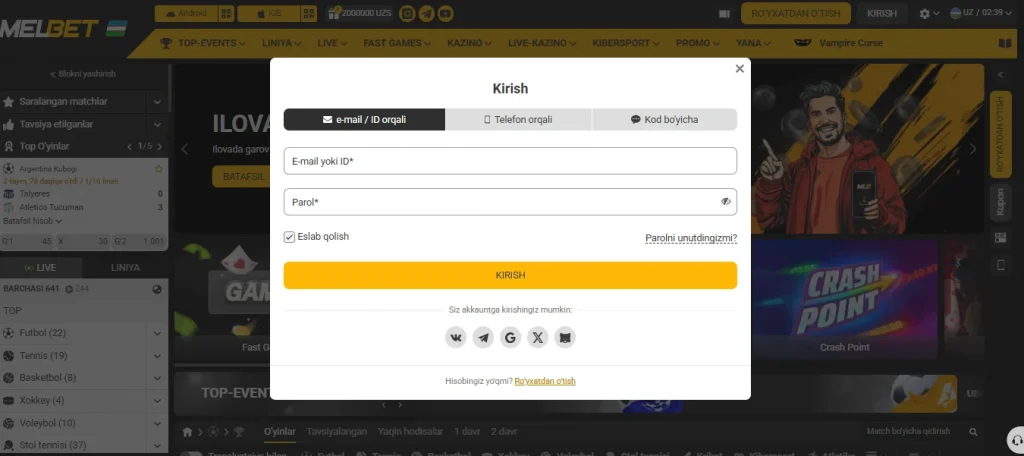 O'zbekistondagi o'yinchilar uchun Melbet veb-saytiga kiring